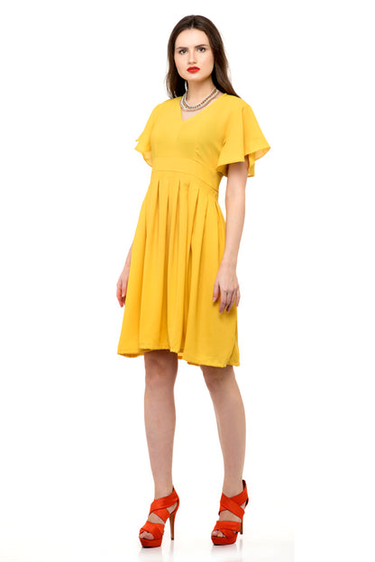 Yellow ruffle sleeve one piece dress with ruffle hem