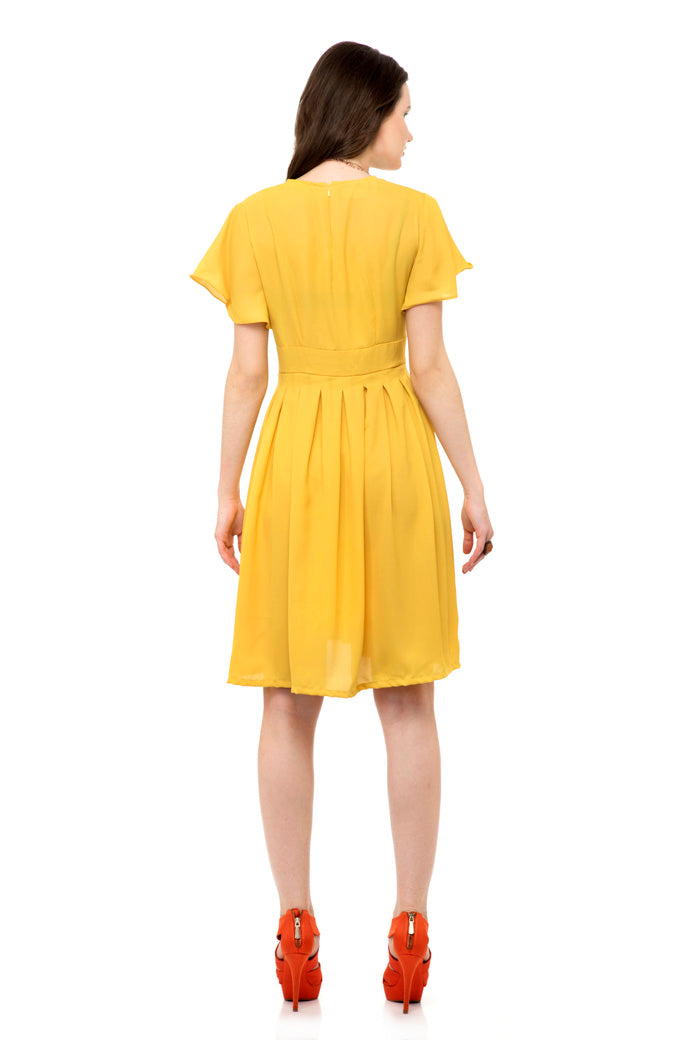 Yellow ruffle sleeve one piece dress with ruffle hem