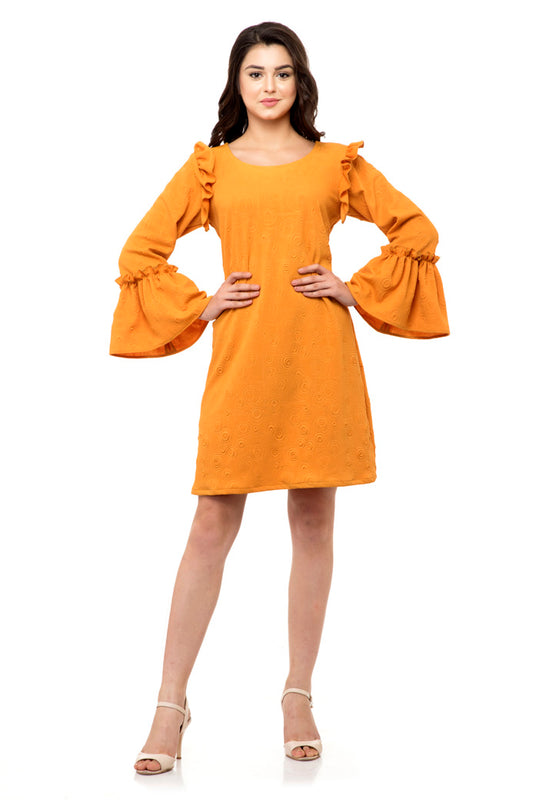 Orange ruffle sleeve one piece dress with ruffle hem