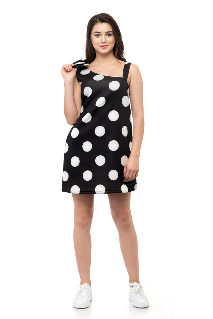One Stripped shoulder white polka dots black mini dress