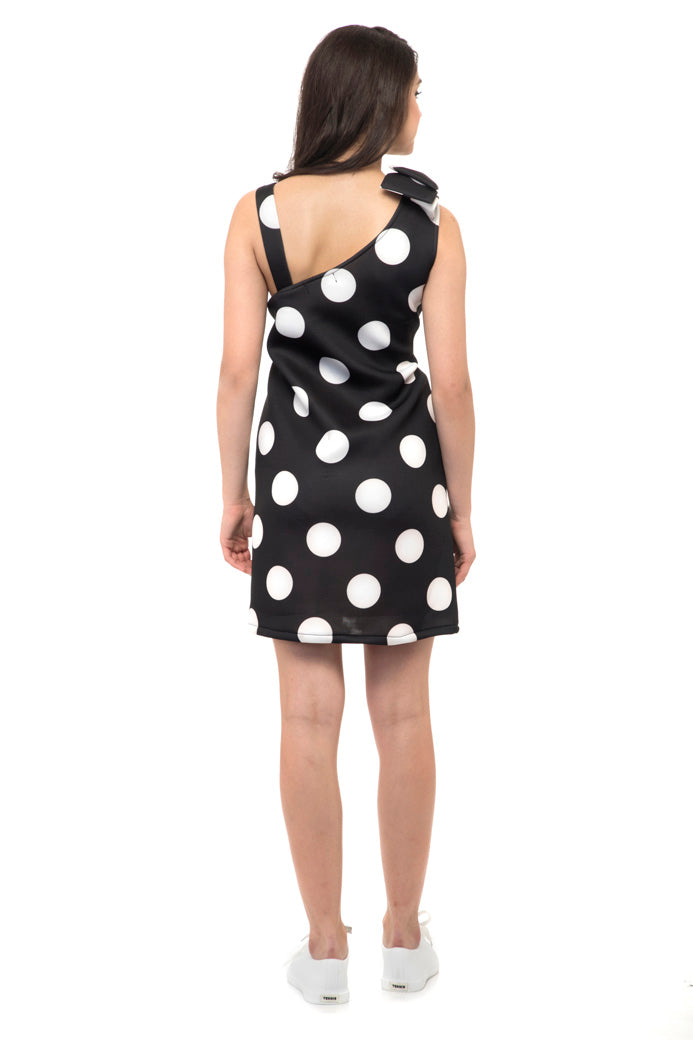 One Stripped shoulder white polka dots black mini dress