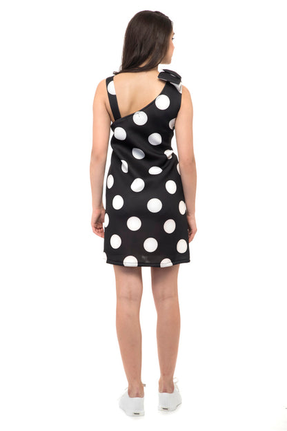 One Stripped shoulder white polka dots black mini dress