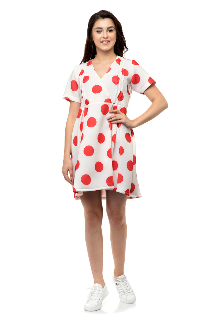 Red polka half sleeves white dress