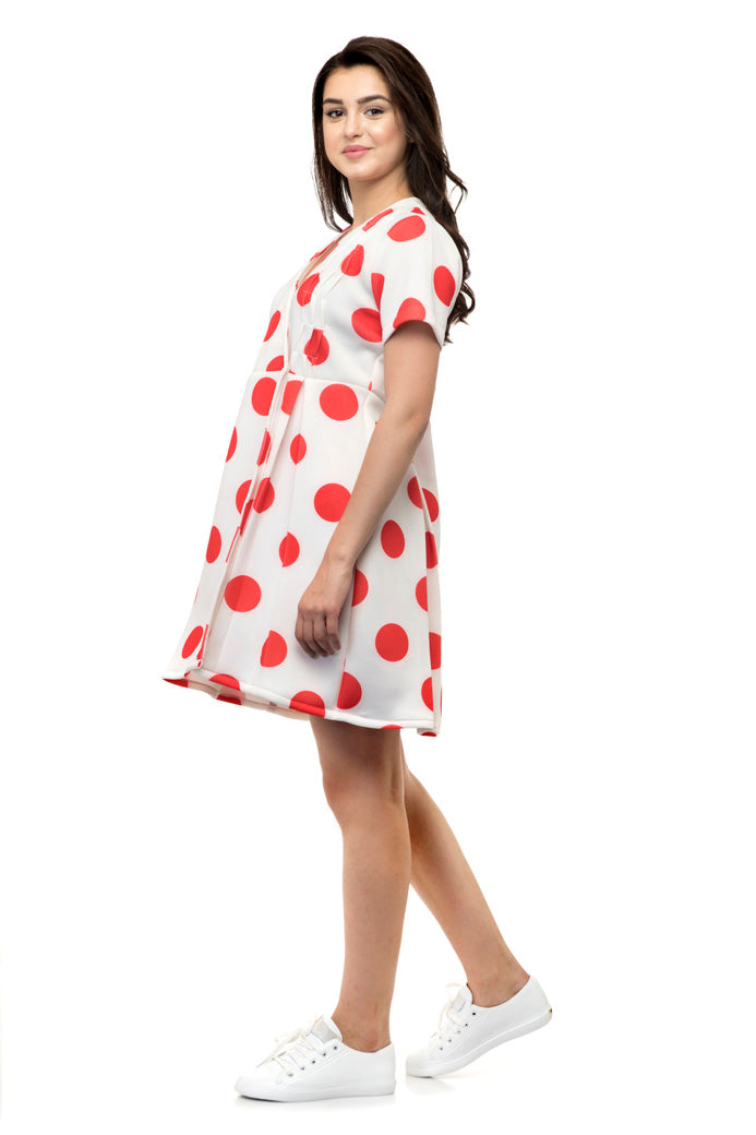 Red polka half sleeves white dress