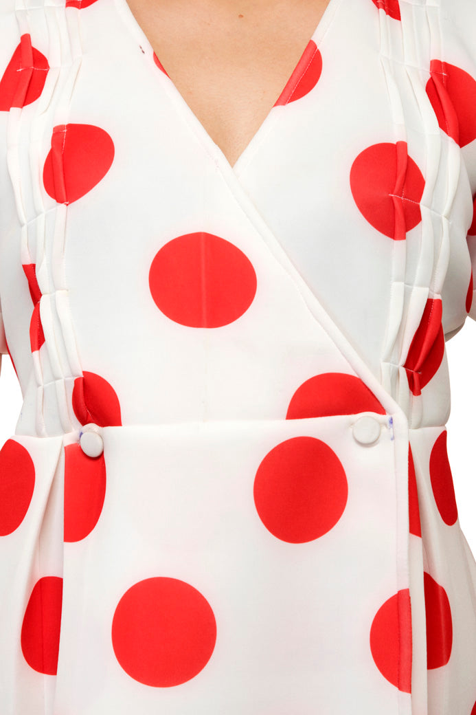 Red polka half sleeves white dress
