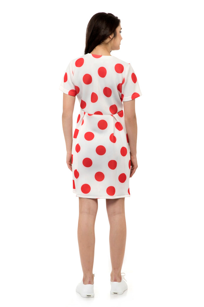 Red polka half sleeves white dress
