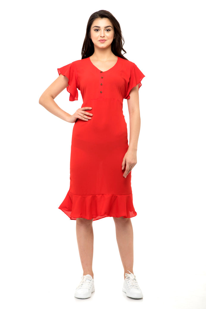 Red flared ruffle sleeves dress