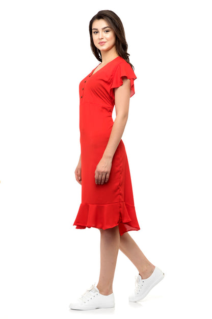 Red flared ruffle sleeves dress