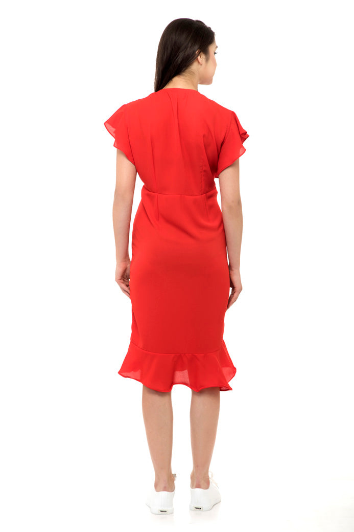 Red flared ruffle sleeves dress