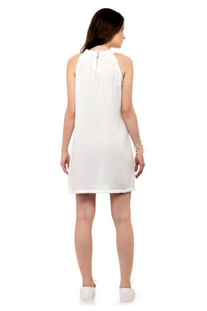 High neck sleeveless white pencil dress