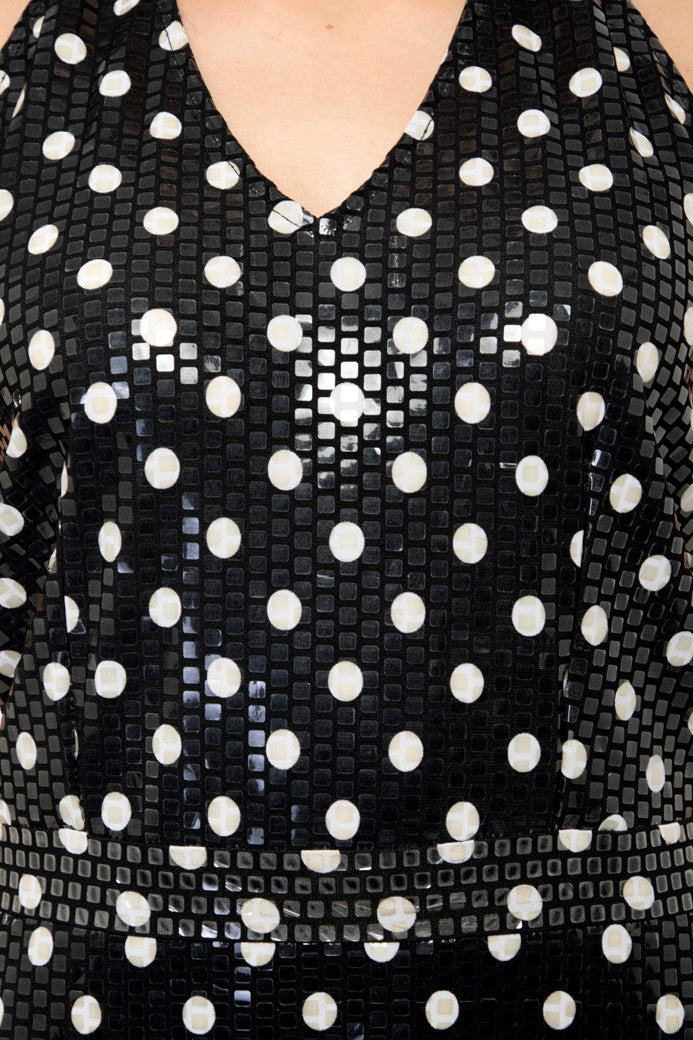 Deep back black polka dots sleeveless dress