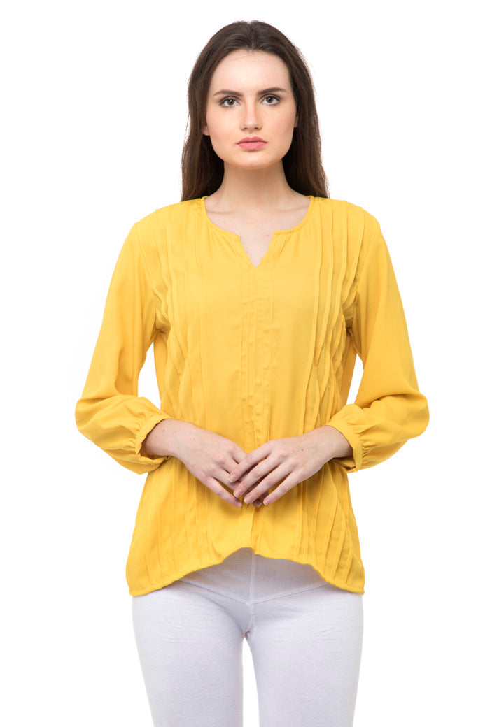 Notched neck waffle knit yellow top