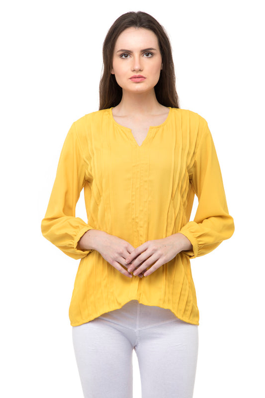 Notched neck waffle knit yellow top