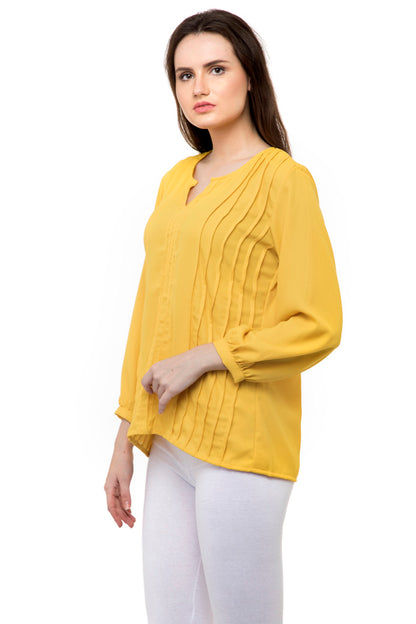 Notched neck waffle knit yellow top