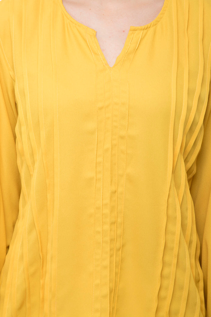 Notched neck waffle knit yellow top