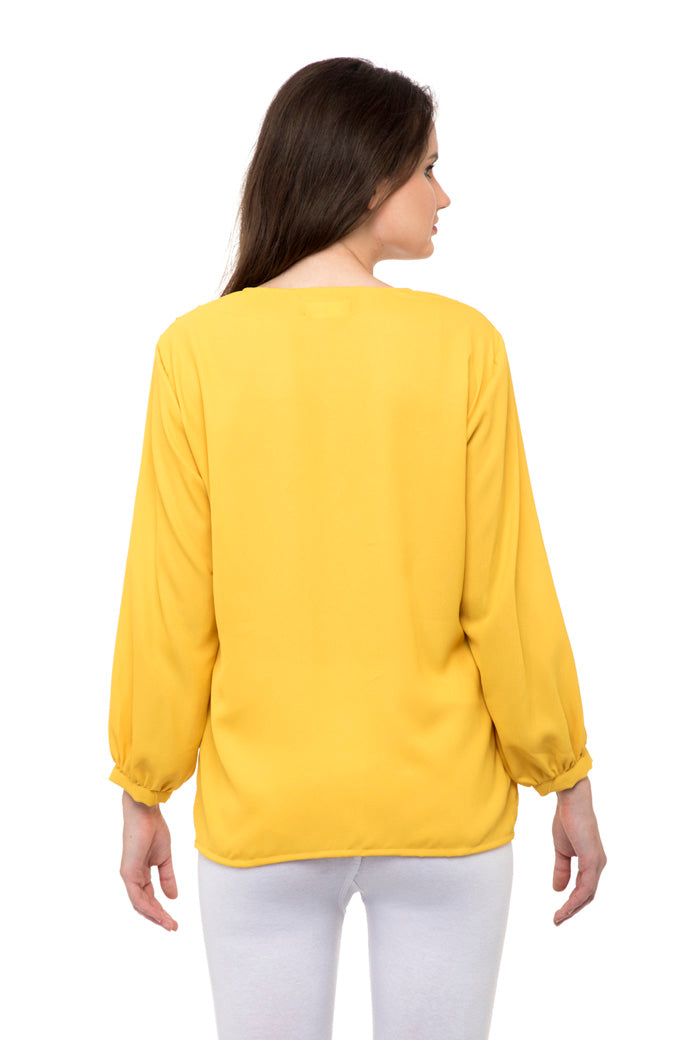 Notched neck waffle knit yellow top