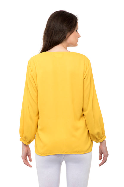 Notched neck waffle knit yellow top