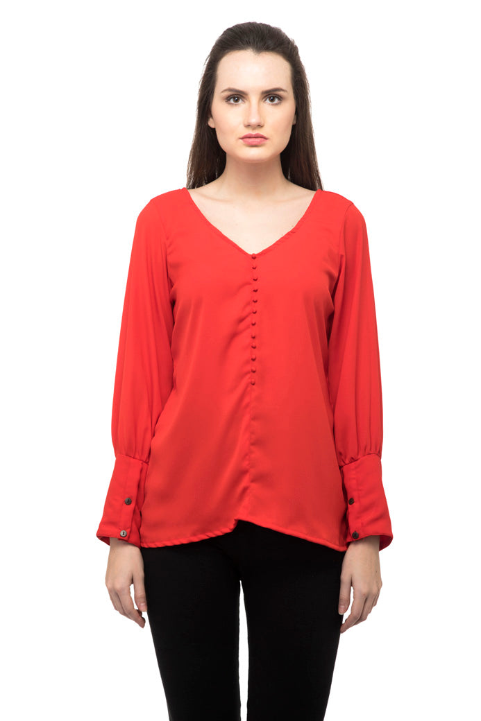V neck front button red top
