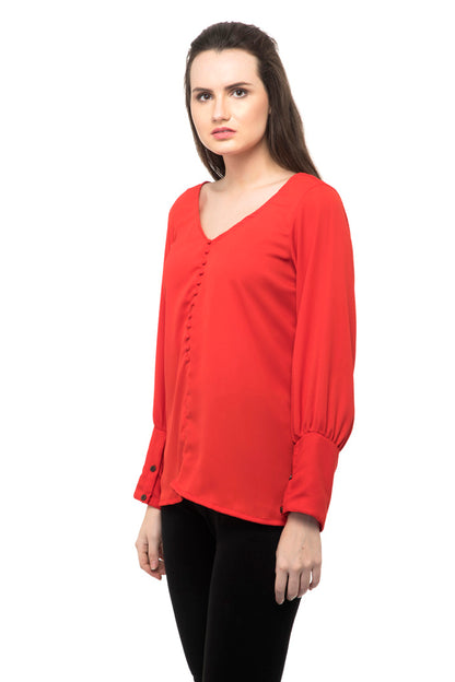 V neck front button red top