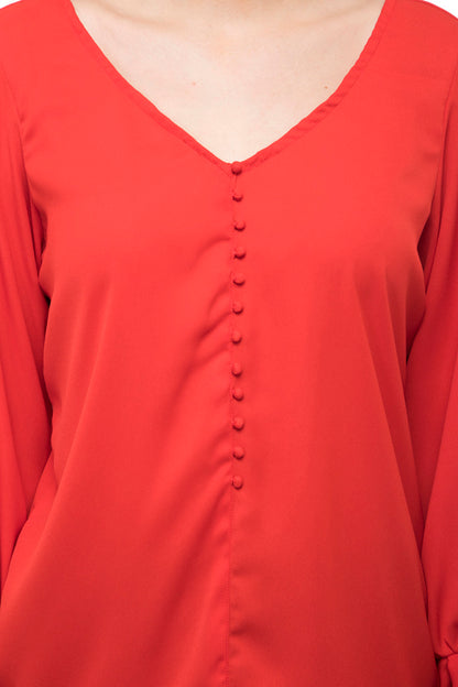 V neck front button red top