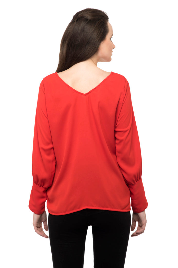 V neck front button red top