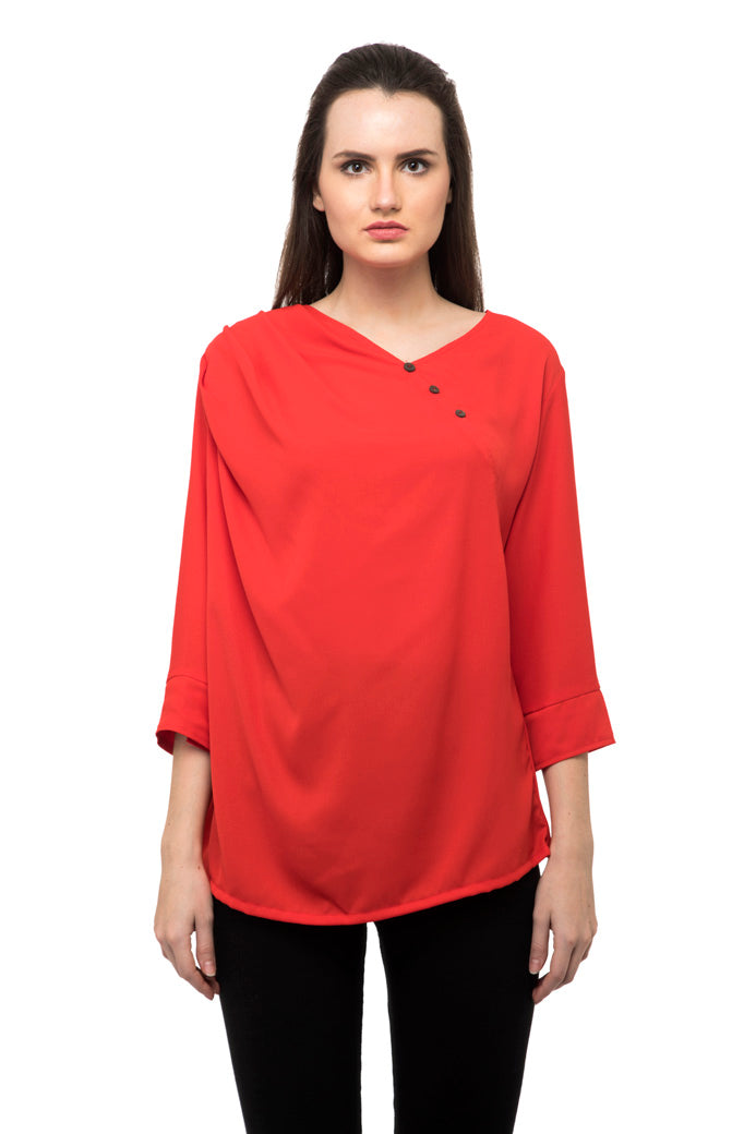 Plain red ruffle trim side button top