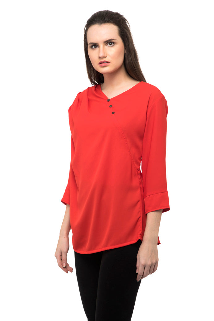 Plain red ruffle trim side button top