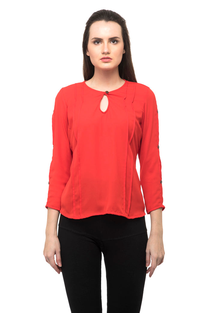 Notched neck with button red top with side stripped