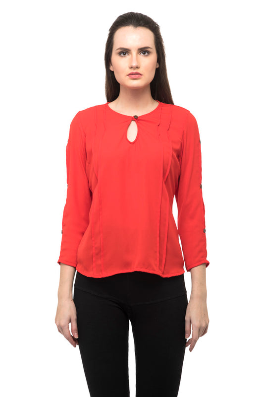 Notched neck with button red top with side stripped
