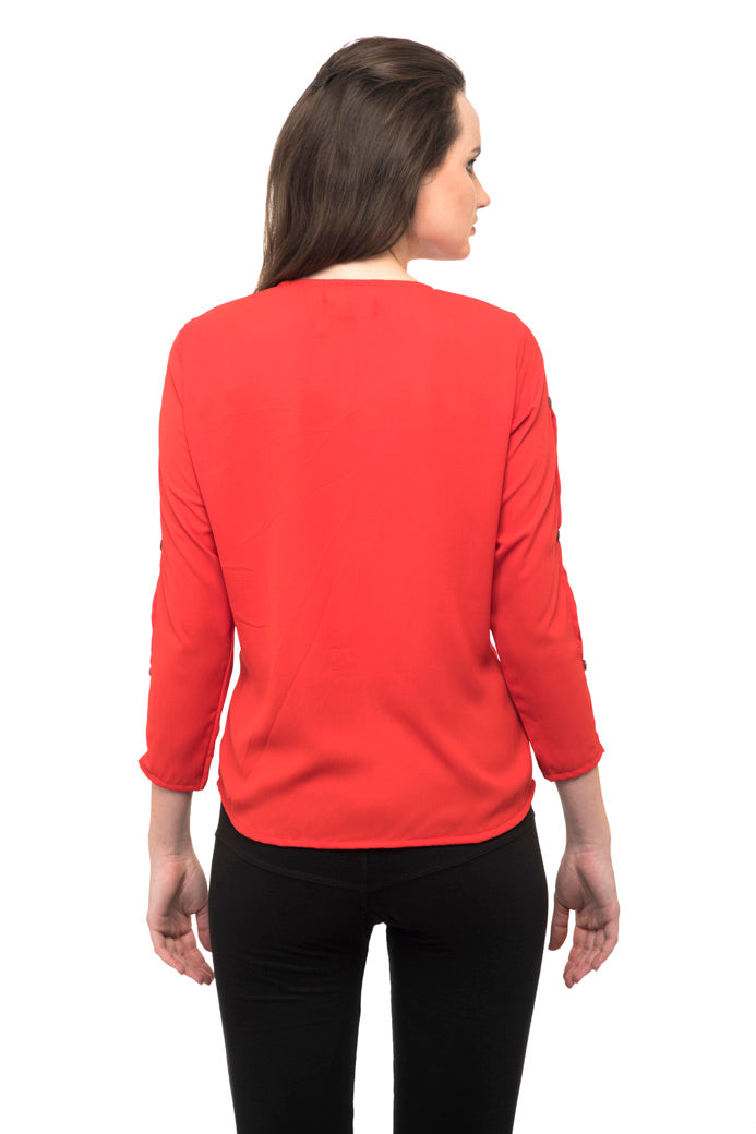 Notched neck with button red top with side stripped