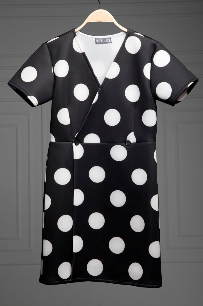 Black color white polka dots folded romper