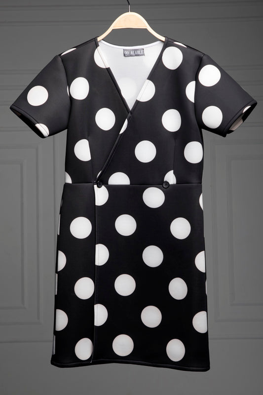 Black color white polka dots folded romper