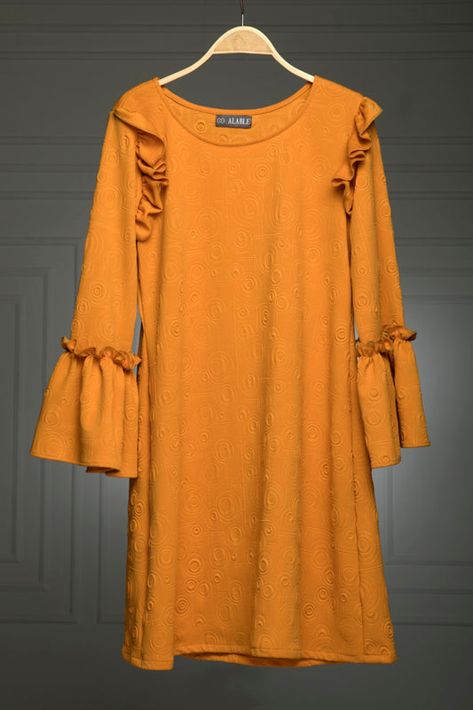 Embroidery bell sleeves dark yellow dress