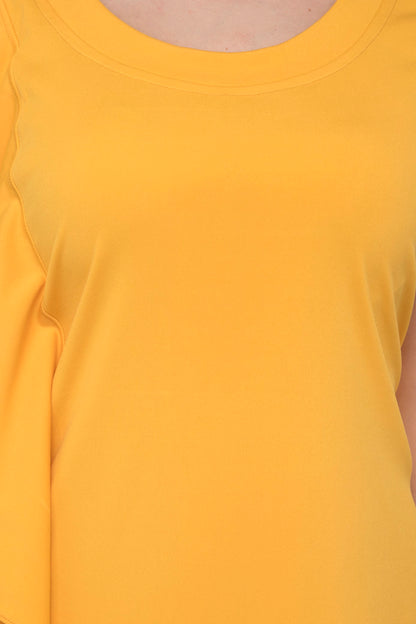 Dark Yellow one side long ruffle sleeve dress