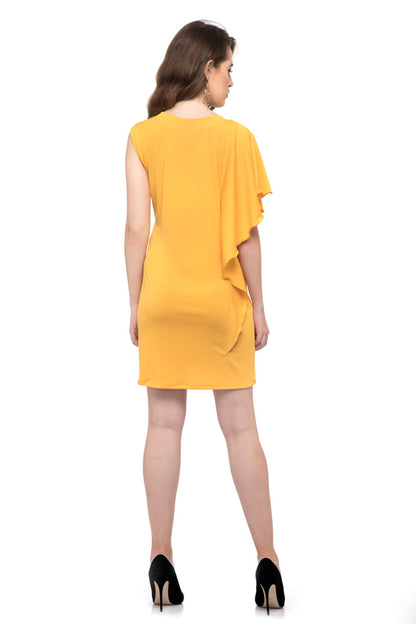 Dark Yellow one side long ruffle sleeve dress