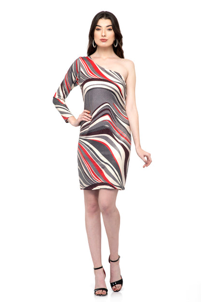 Printed one Sleeve one shoulder off dress
