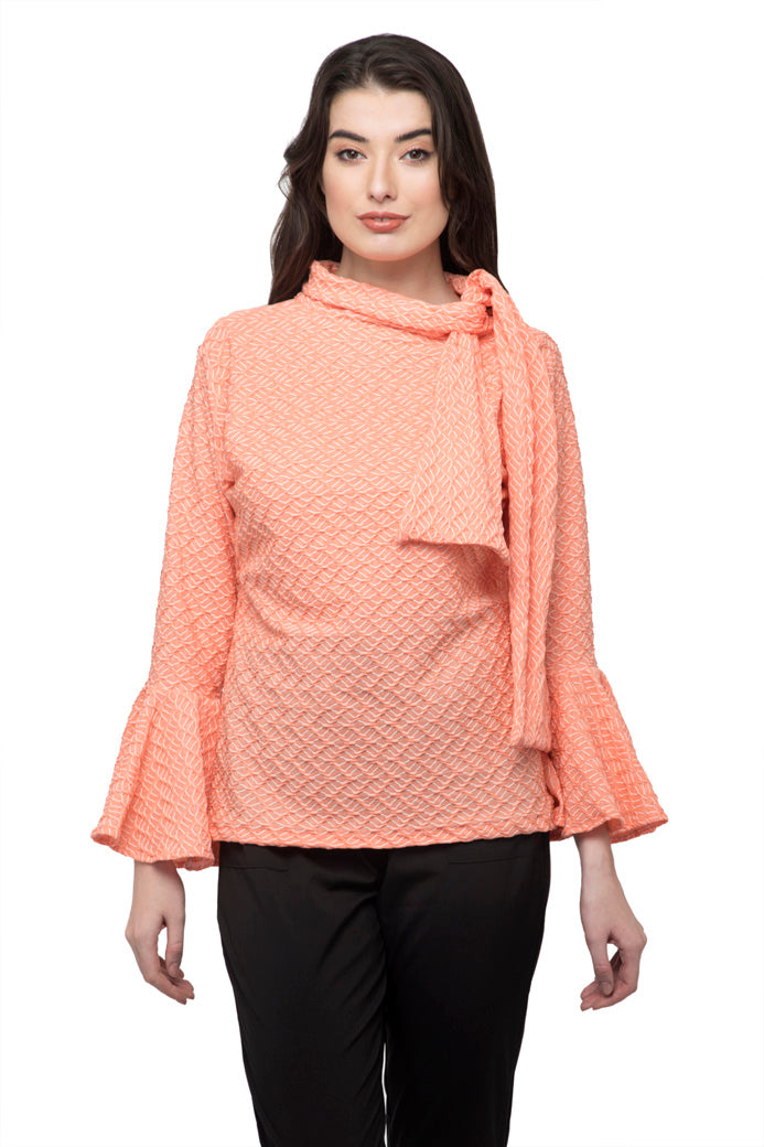 Neck Side Tie Knot Bell Sleeve Women Top