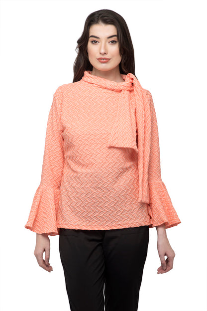 Neck Side Tie Knot Bell Sleeve Women Top