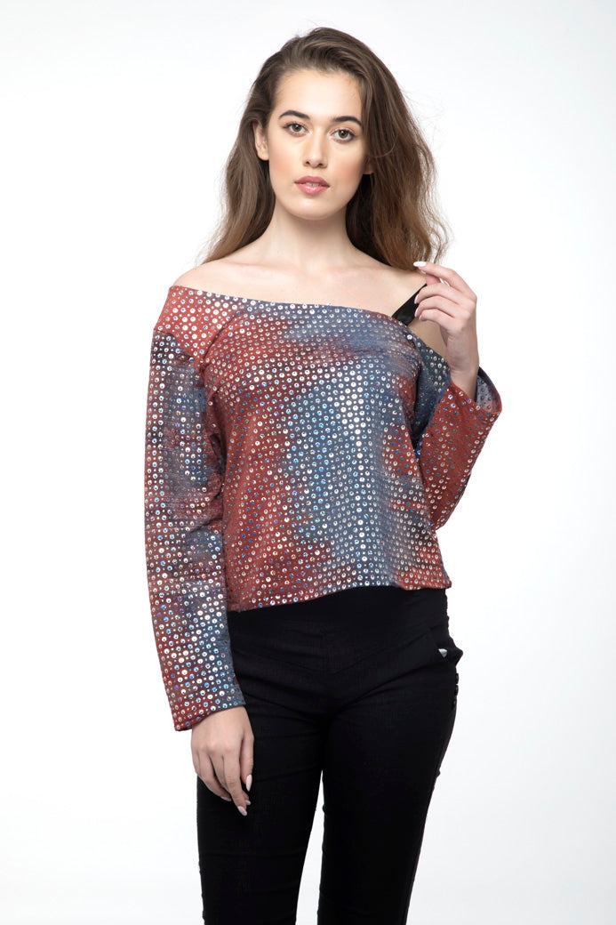 One Side Striped off Shoulder Bright Party Wear Top