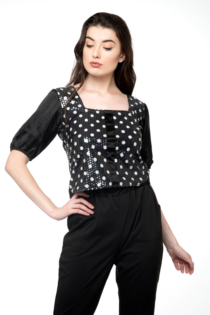 Balloon sleeve polka dot metallic crop top