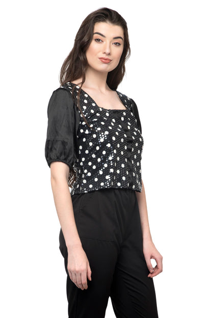 Balloon sleeve polka dot metallic crop top