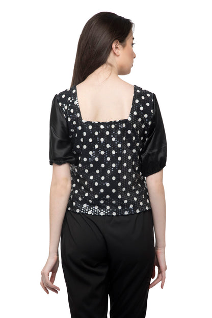 Balloon sleeve polka dot metallic crop top