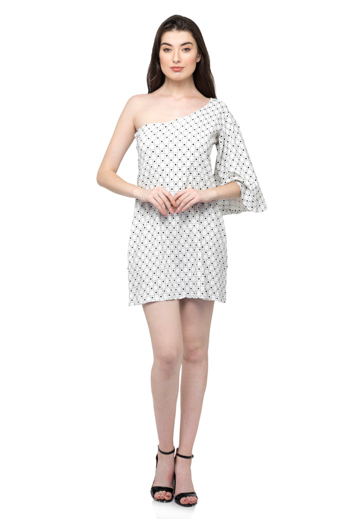 One Shoulder Ruffle Sleeve Romper Dress