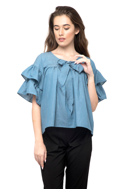 Tie Neck Ruffle Sleeve Top
