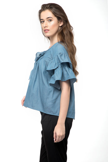 Tie Neck Ruffle Sleeve Top
