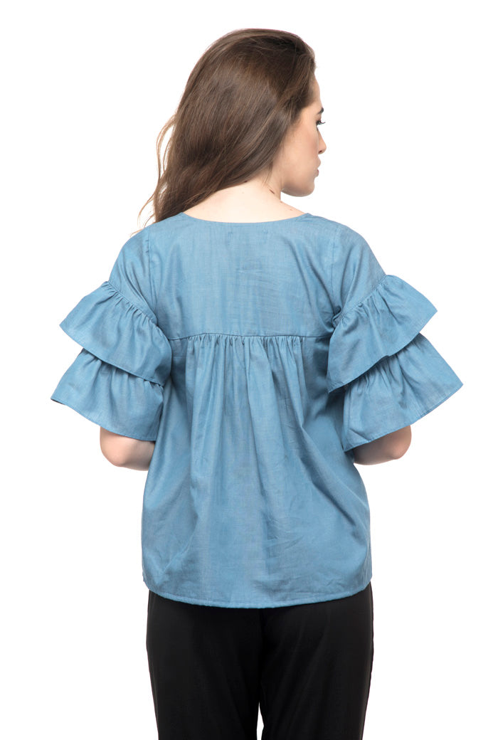 Tie Neck Ruffle Sleeve Top