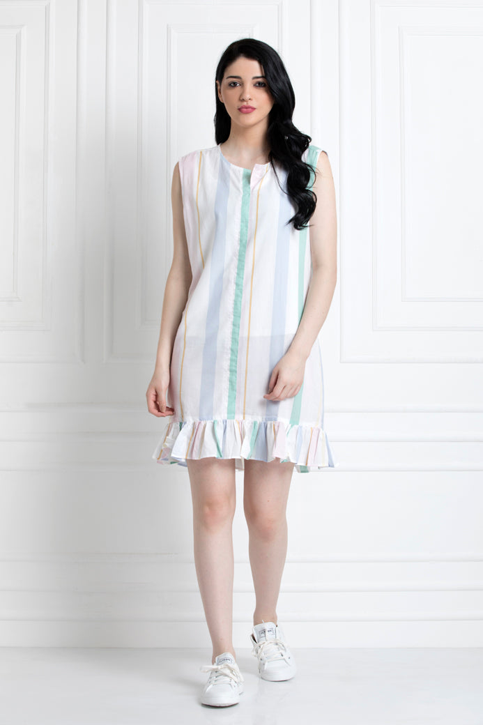 Sleeveless Multi Colour Striped Dress with Ruffle hem in Organic Cotton