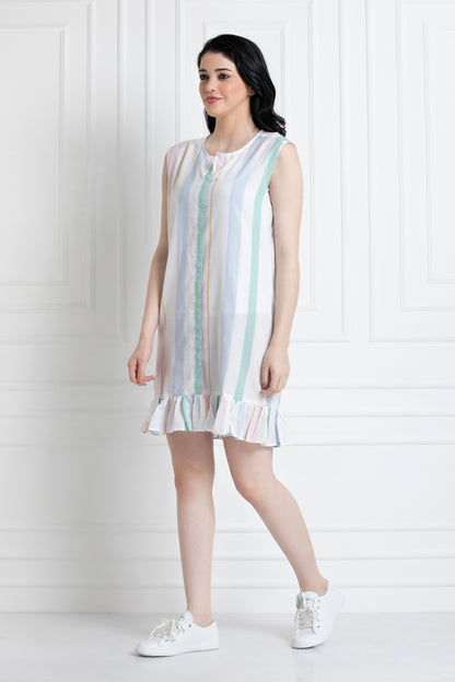 Sleeveless Multi Colour Striped Dress with Ruffle hem in Organic Cotton