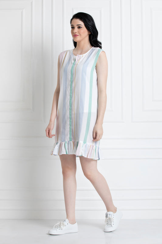 Sleeveless Multi Colour Striped Dress with Ruffle hem in Organic Cotton