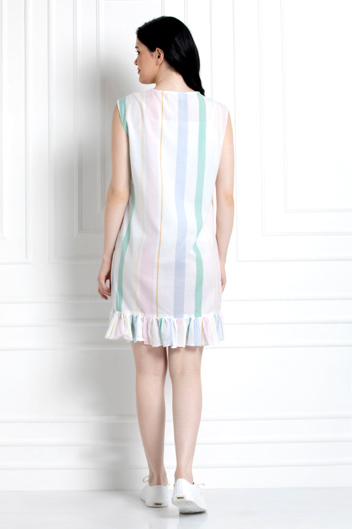 Sleeveless Multi Colour Striped Dress with Ruffle hem in Organic Cotton
